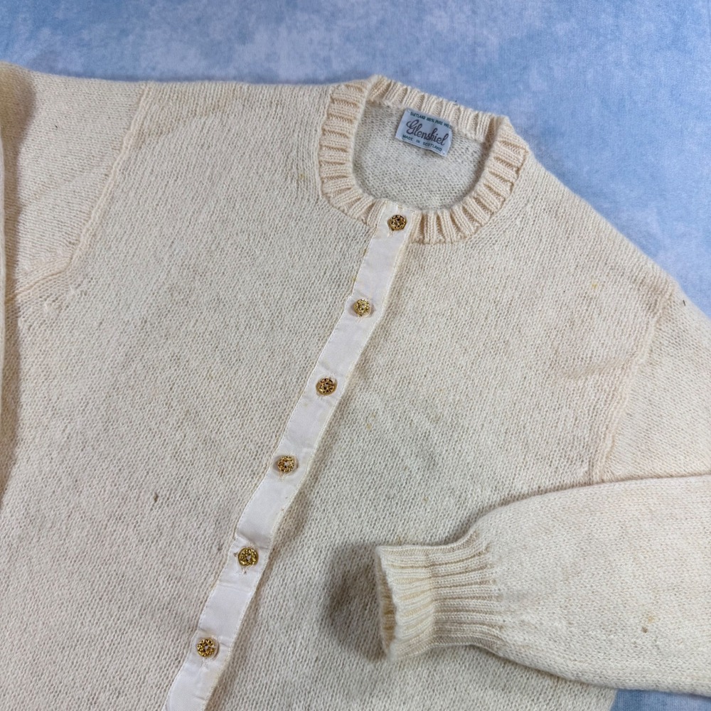 Glenshiel Cardigan Sweater Shetland Pure Wool Womens 42 Cream Made in Scotland